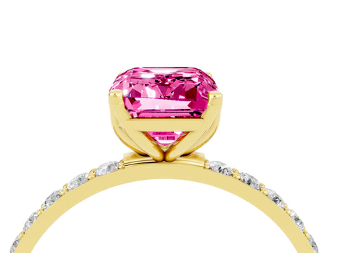 Yellow gold Emerald Cut Pink Sapphire Solitaire Engagement Ring with Pavé Band and Prong Setting_4