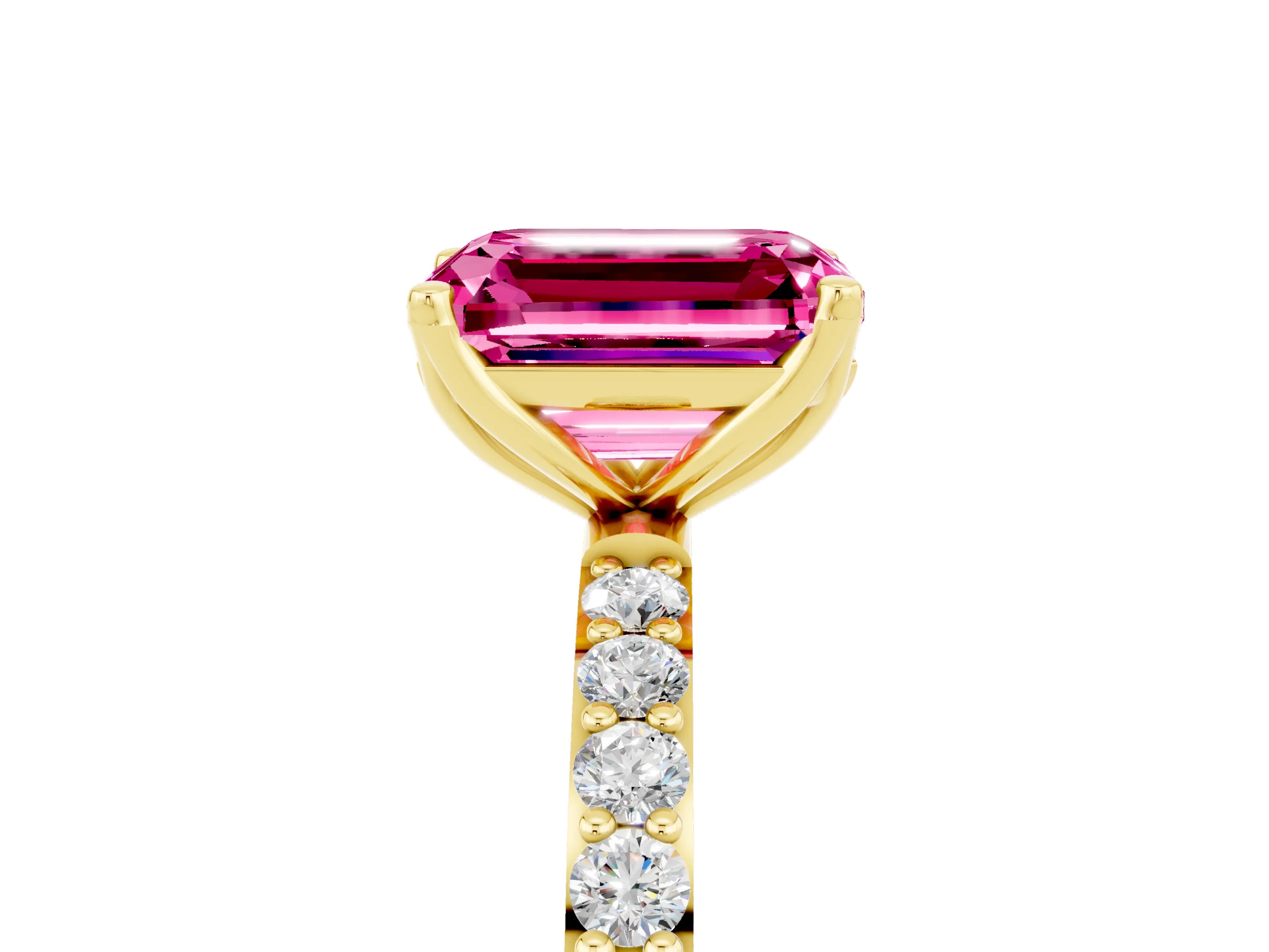 Yellow gold Emerald Cut Pink Sapphire Solitaire Engagement Ring with Pavé Band and Prong Setting_5