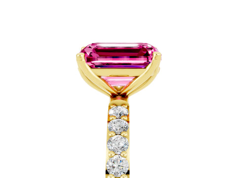 Yellow gold Emerald Cut Pink Sapphire Solitaire Engagement Ring with Pavé Band and Prong Setting_5