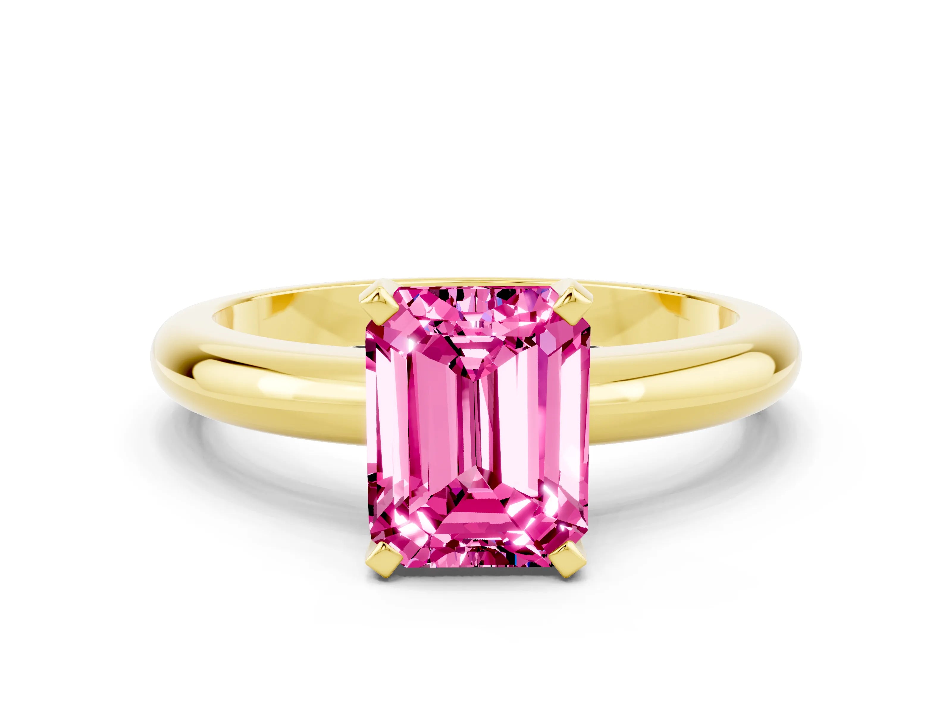 Yellow gold Emerald Cut Pink Sapphire Solitaire Engagement Ring with Round Band and Four-Prong Setting_24