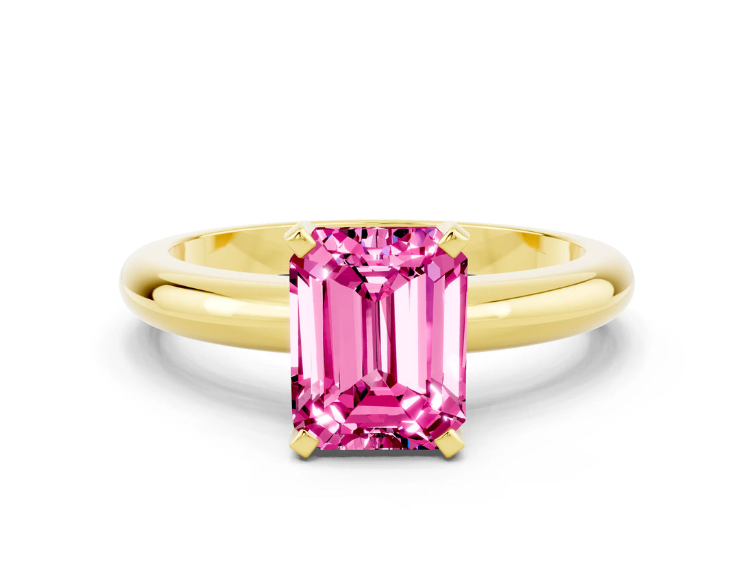 Yellow gold Emerald Cut Pink Sapphire Solitaire Engagement Ring with Round Band and Four-Prong Setting_24