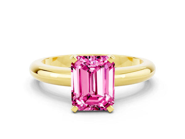 Yellow gold Emerald Cut Pink Sapphire Solitaire Engagement Ring with Round Band and Four-Prong Setting