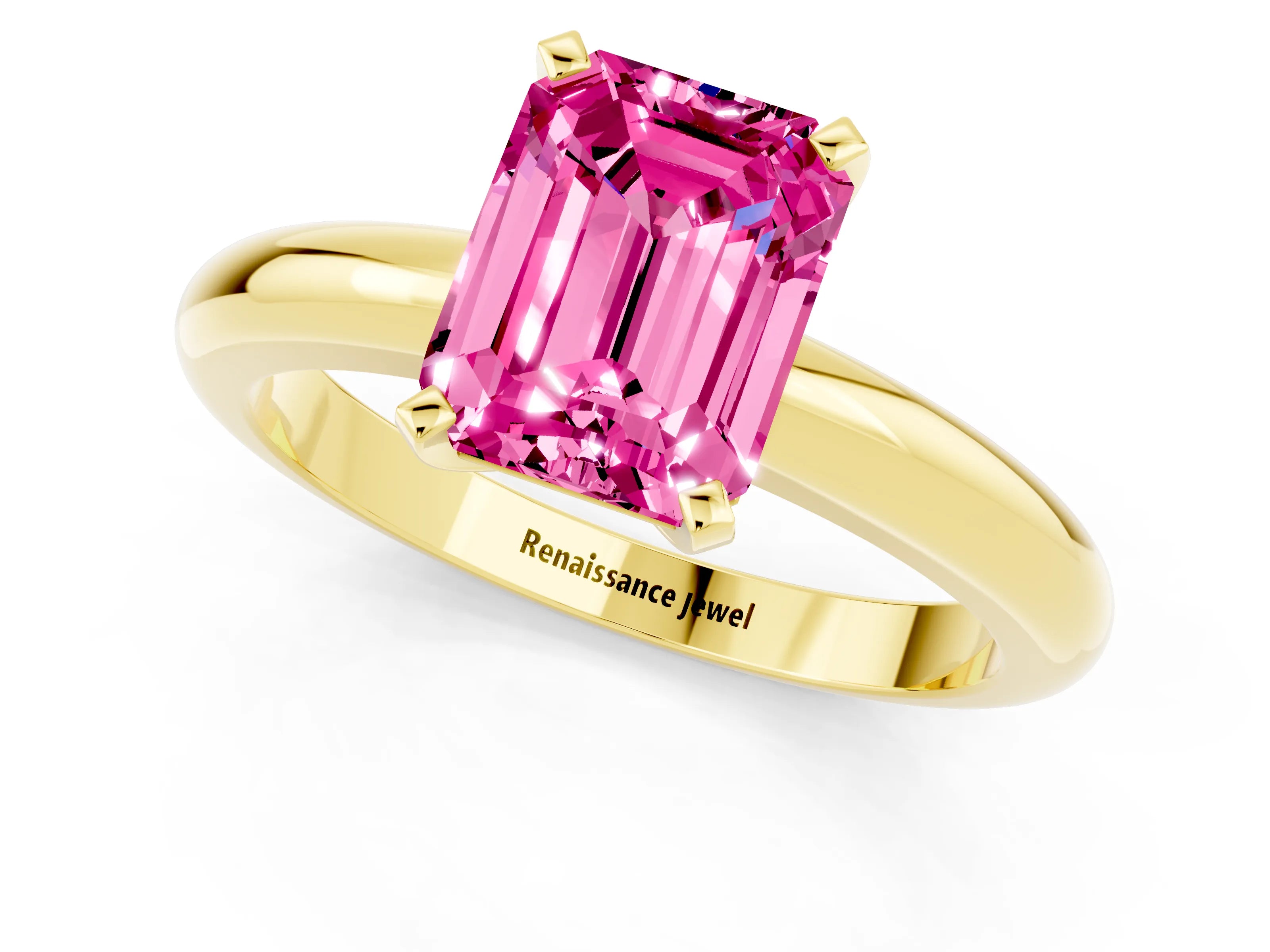 Yellow gold Emerald Cut Pink Sapphire Solitaire Engagement Ring with Round Band and Four-Prong Setting_25