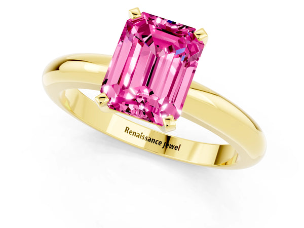 Yellow gold Emerald Cut Pink Sapphire Solitaire Engagement Ring with Round Band and Four-Prong Setting