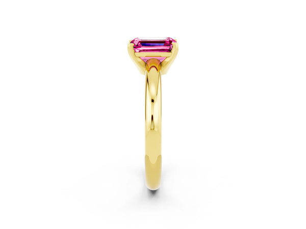 Yellow gold Emerald Cut Pink Sapphire Solitaire Engagement Ring with Round Band and Four-Prong Setting