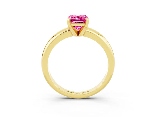 Yellow gold Emerald Cut Pink Sapphire Solitaire Engagement Ring with Round Band and Four-Prong Setting