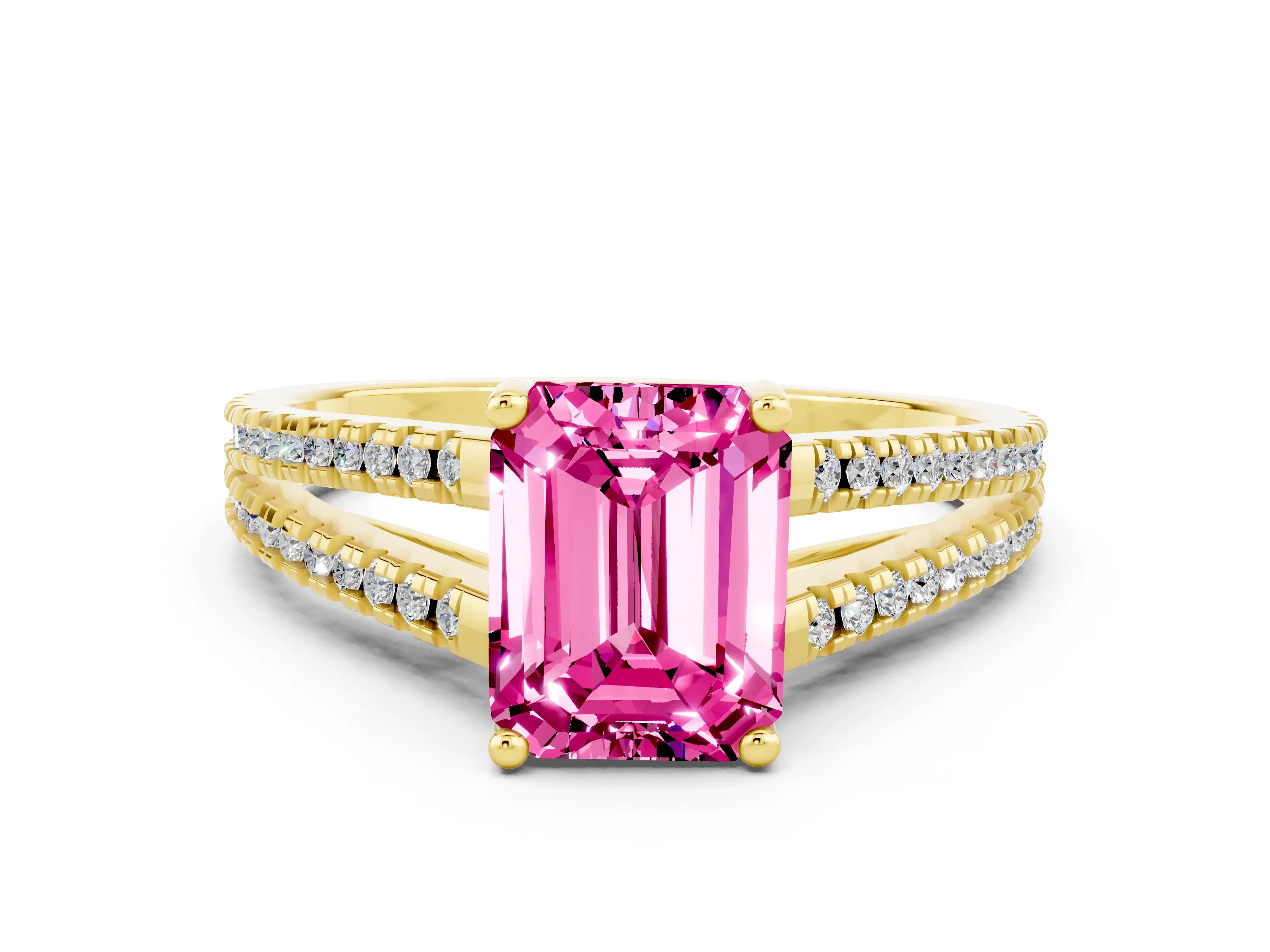 Yellow gold Emerald Cut Pink Sapphire Solitaire Engagement Ring with Split Shank Pavé Band_12