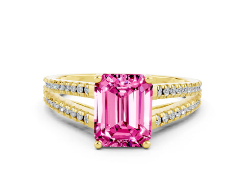 Yellow gold Emerald Cut Pink Sapphire Solitaire Engagement Ring with Split Shank Pavé Band_12