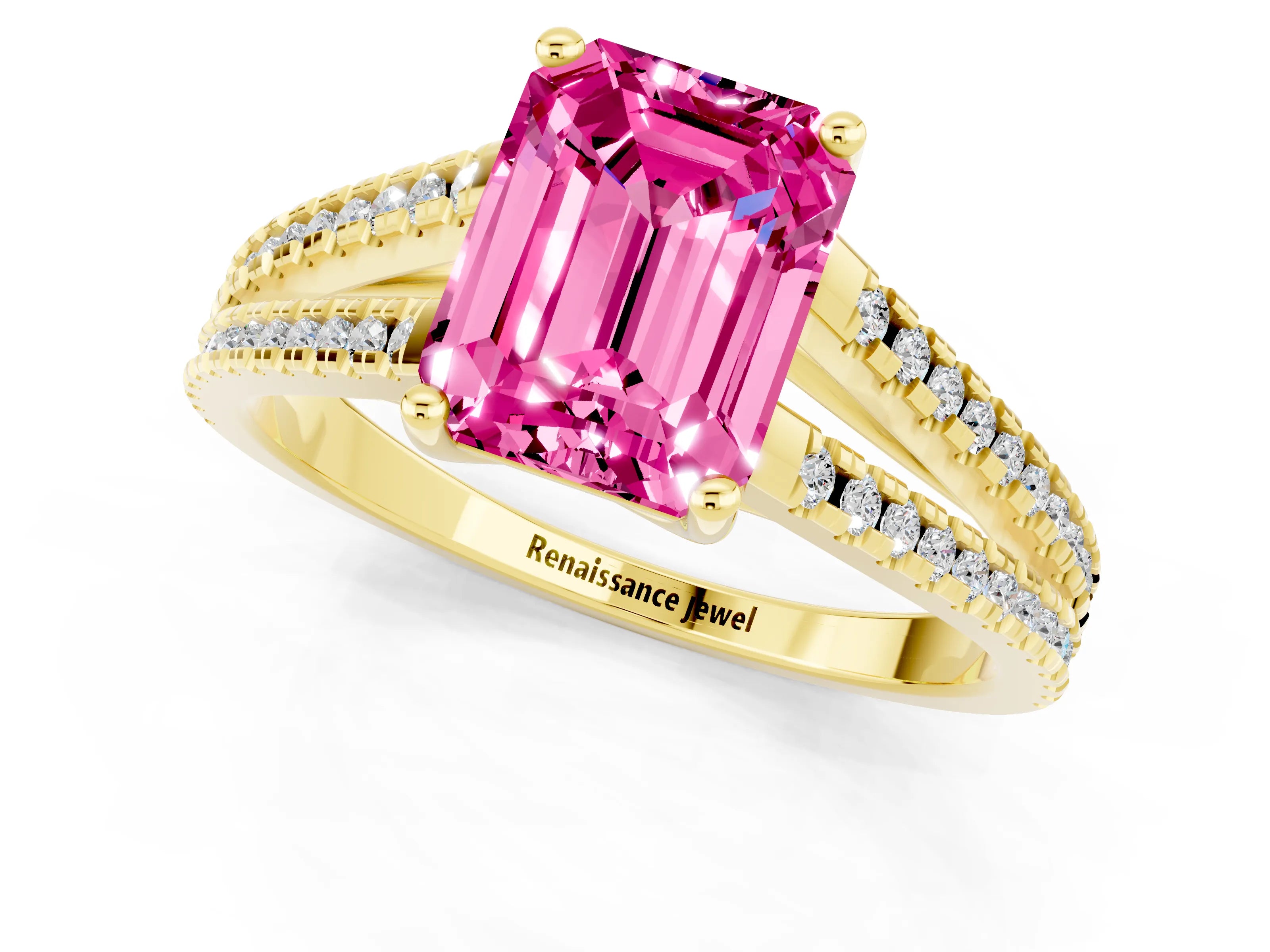 Yellow gold Emerald Cut Pink Sapphire Solitaire Engagement Ring with Split Shank Pavé Band_13