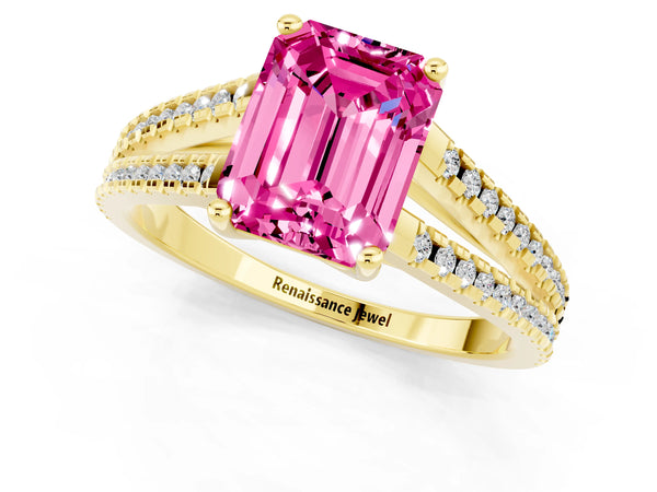 Yellow gold Emerald Cut Pink Sapphire Solitaire Engagement Ring with Split Shank Pavé Band