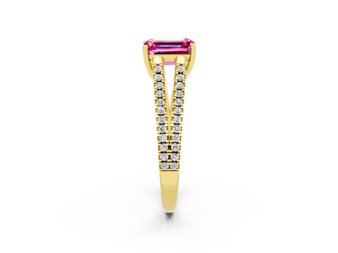 Yellow gold Emerald Cut Pink Sapphire Solitaire Engagement Ring with Split Shank Pavé Band_14