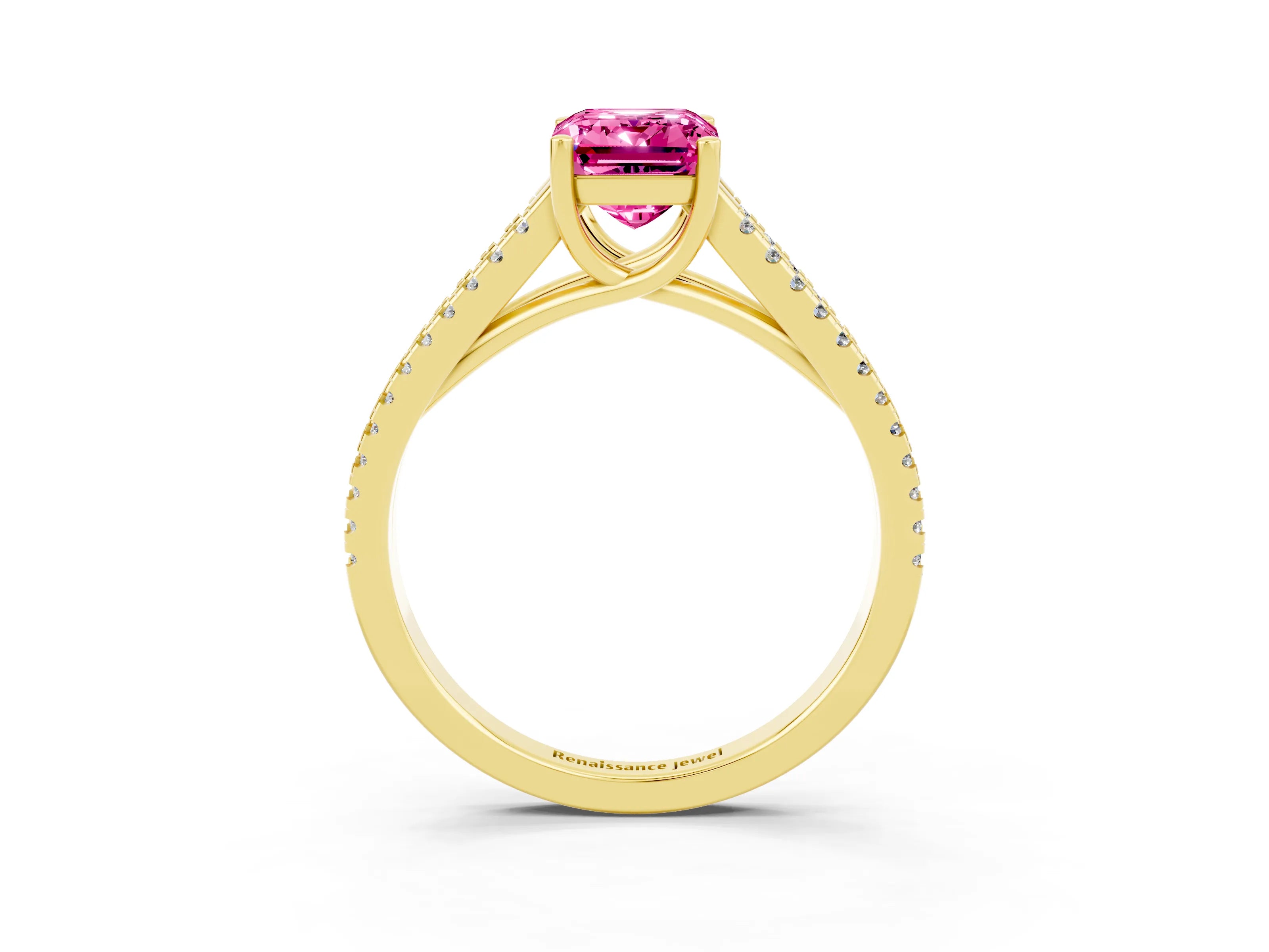 Yellow gold Emerald Cut Pink Sapphire Solitaire Engagement Ring with Split Shank Pavé Band_15