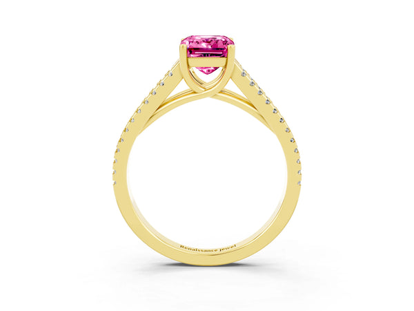 Yellow gold Emerald Cut Pink Sapphire Solitaire Engagement Ring with Split Shank Pavé Band