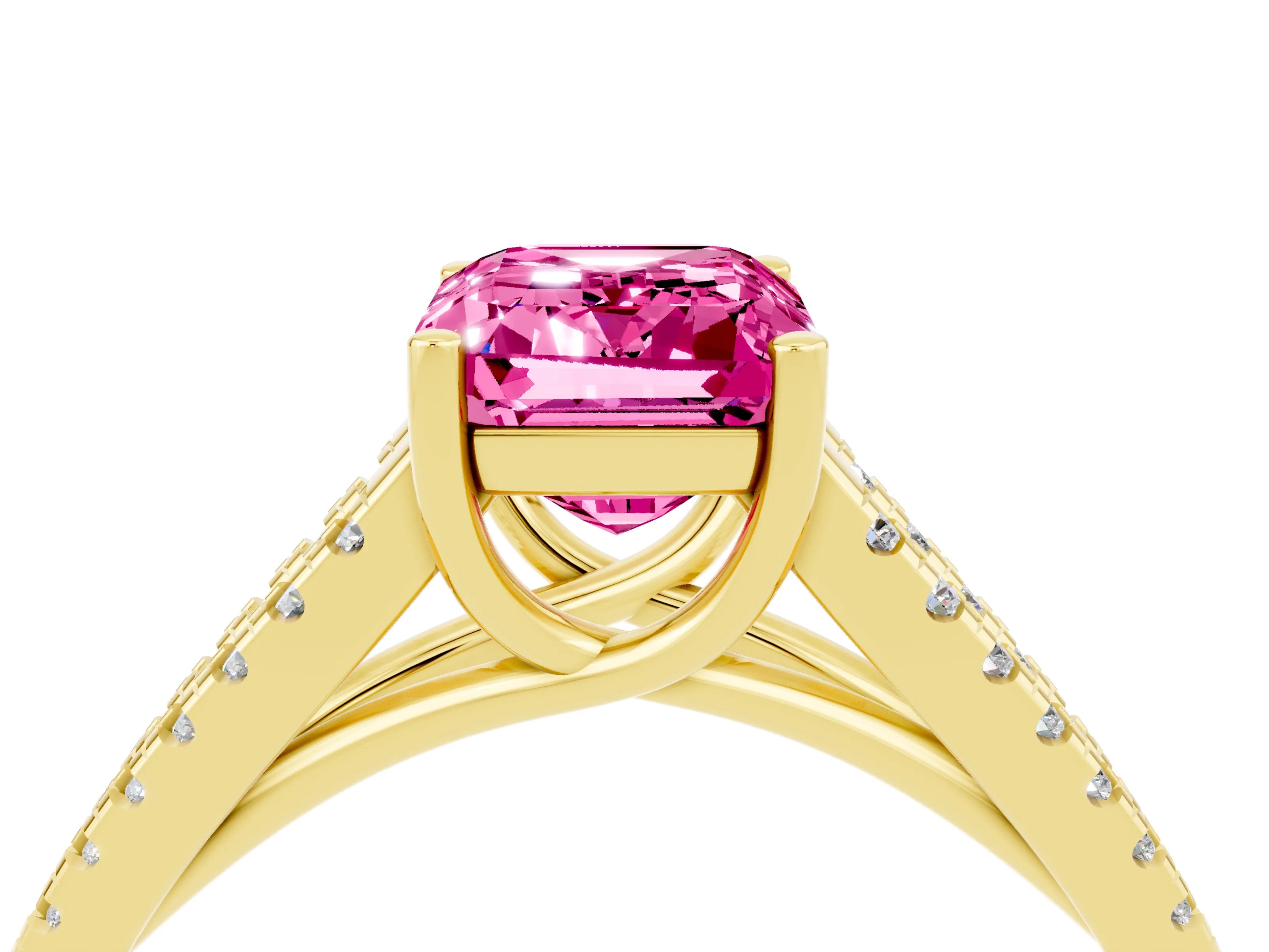 Yellow gold Emerald Cut Pink Sapphire Solitaire Engagement Ring with Split Shank Pavé Band_16