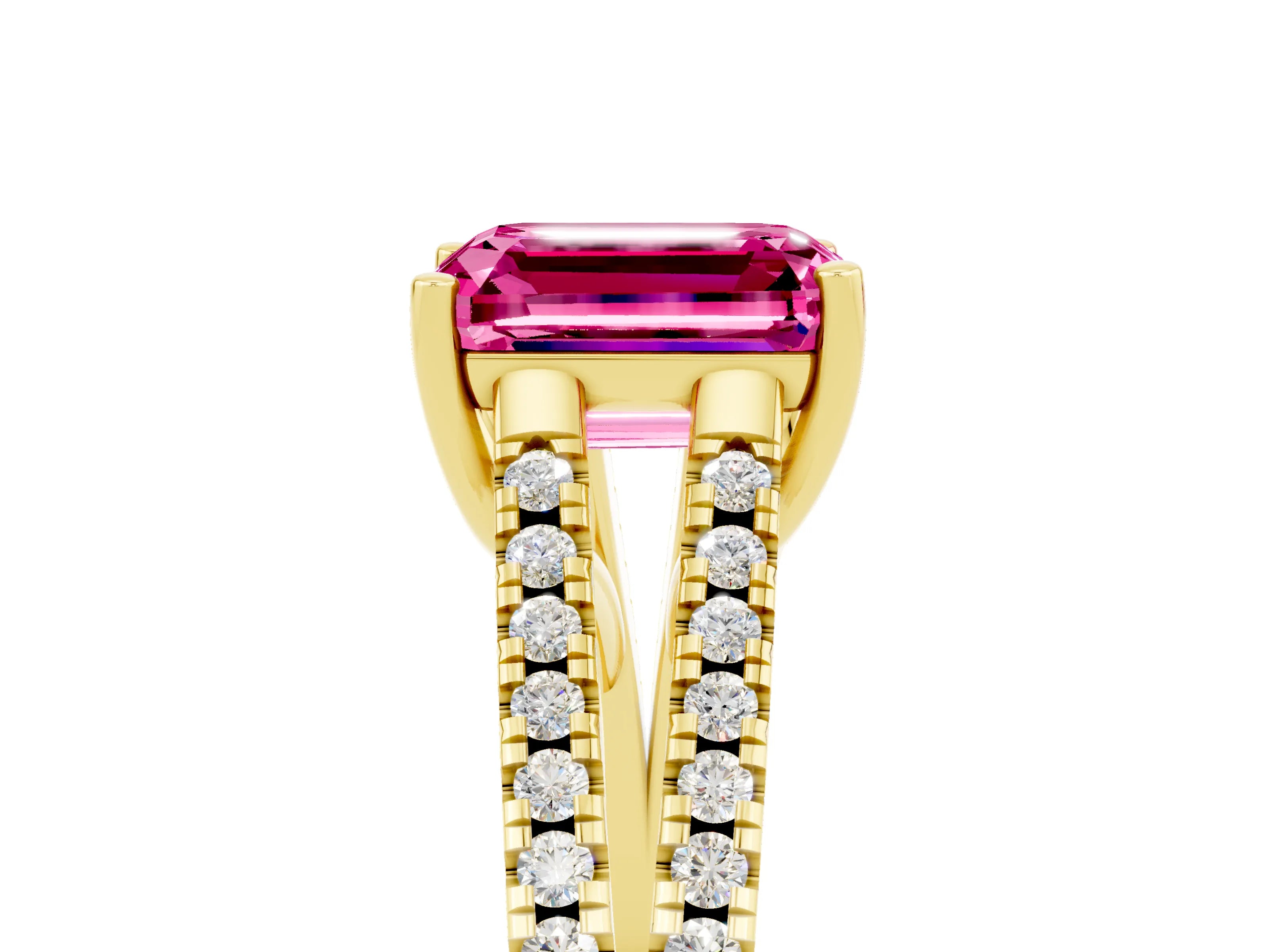 Yellow gold Emerald Cut Pink Sapphire Solitaire Engagement Ring with Split Shank Pavé Band_17