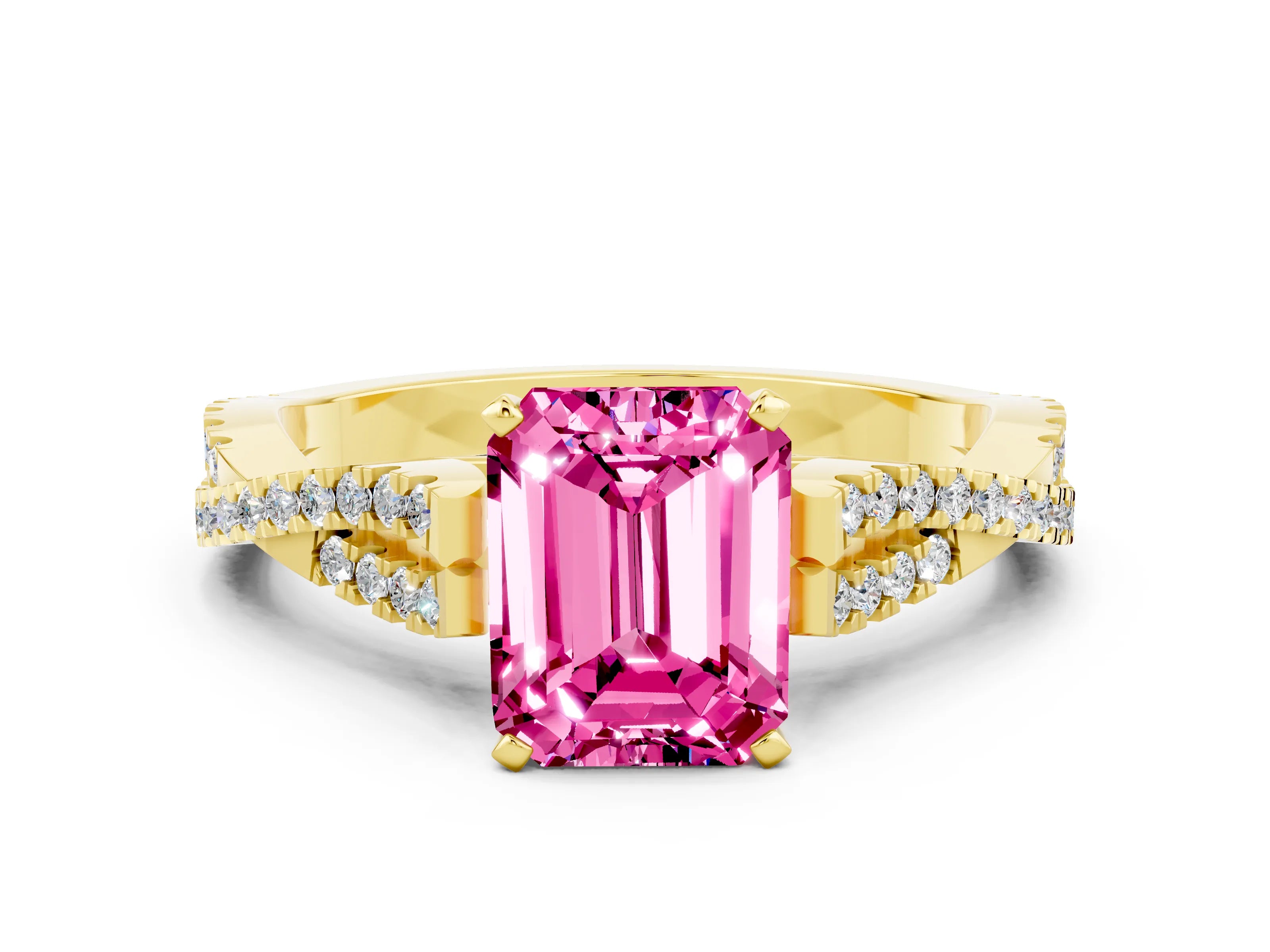 Yellow gold Emerald Cut Pink Sapphire Solitaire Engagement Ring with Twisted Pavé Band and Four-Prong Setting_12
