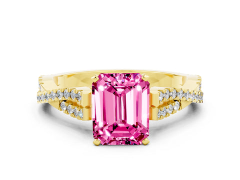 Yellow gold Emerald Cut Pink Sapphire Solitaire Engagement Ring with Twisted Pavé Band and Four-Prong Setting_12