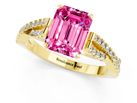 Yellow gold Emerald Cut Pink Sapphire Solitaire Engagement Ring with Twisted Pavé Band and Four-Prong Setting_13
