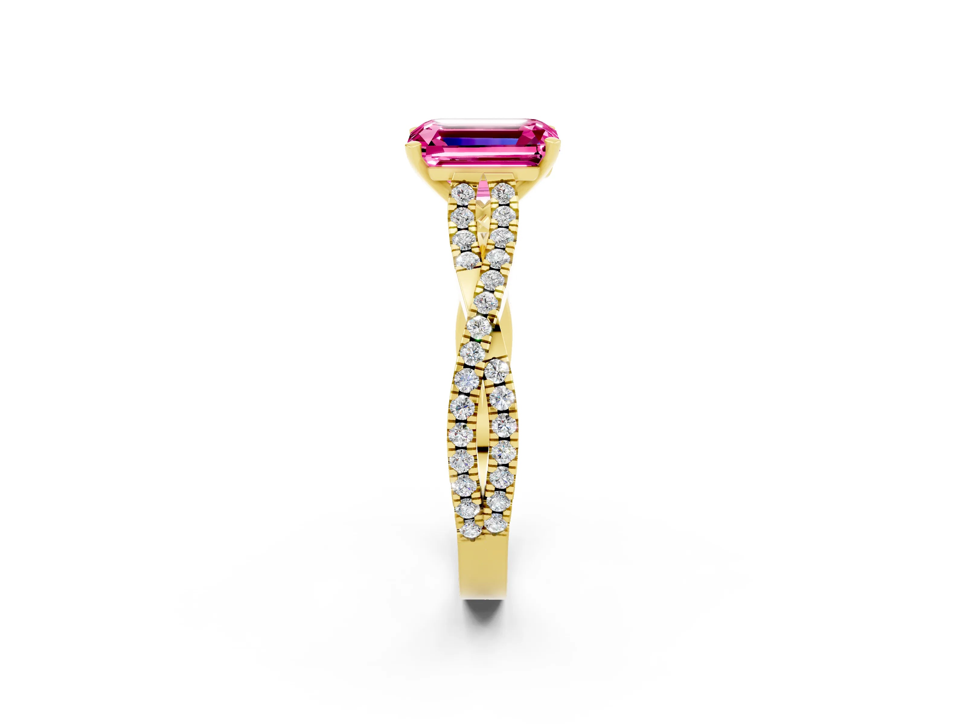 Yellow gold Emerald Cut Pink Sapphire Solitaire Engagement Ring with Twisted Pavé Band and Four-Prong Setting_14