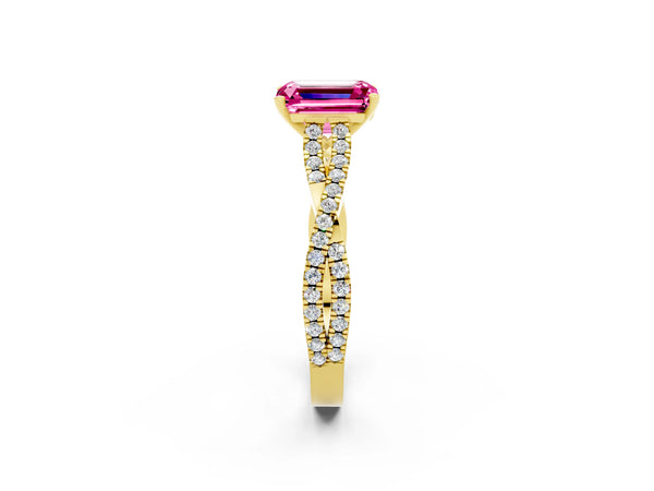 Yellow gold Emerald Cut Pink Sapphire Solitaire Engagement Ring with Twisted Pavé Band and Four-Prong Setting