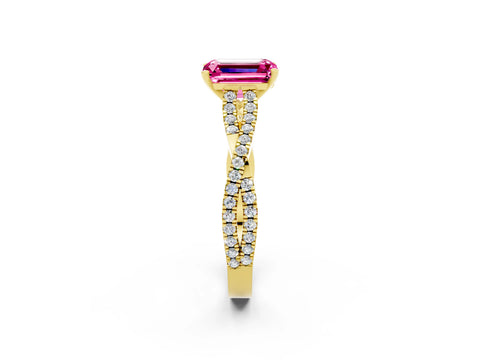 Yellow gold Emerald Cut Pink Sapphire Solitaire Engagement Ring with Twisted Pavé Band and Four-Prong Setting_14