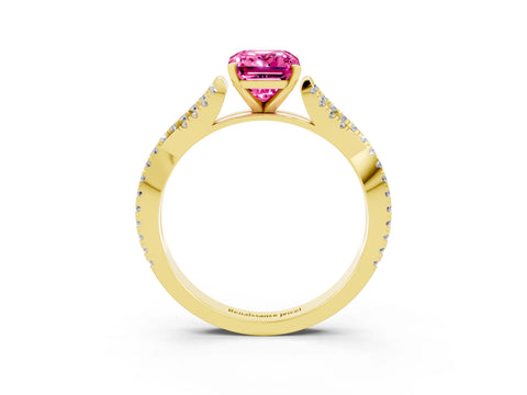 Yellow gold Emerald Cut Pink Sapphire Solitaire Engagement Ring with Twisted Pavé Band and Four-Prong Setting_15