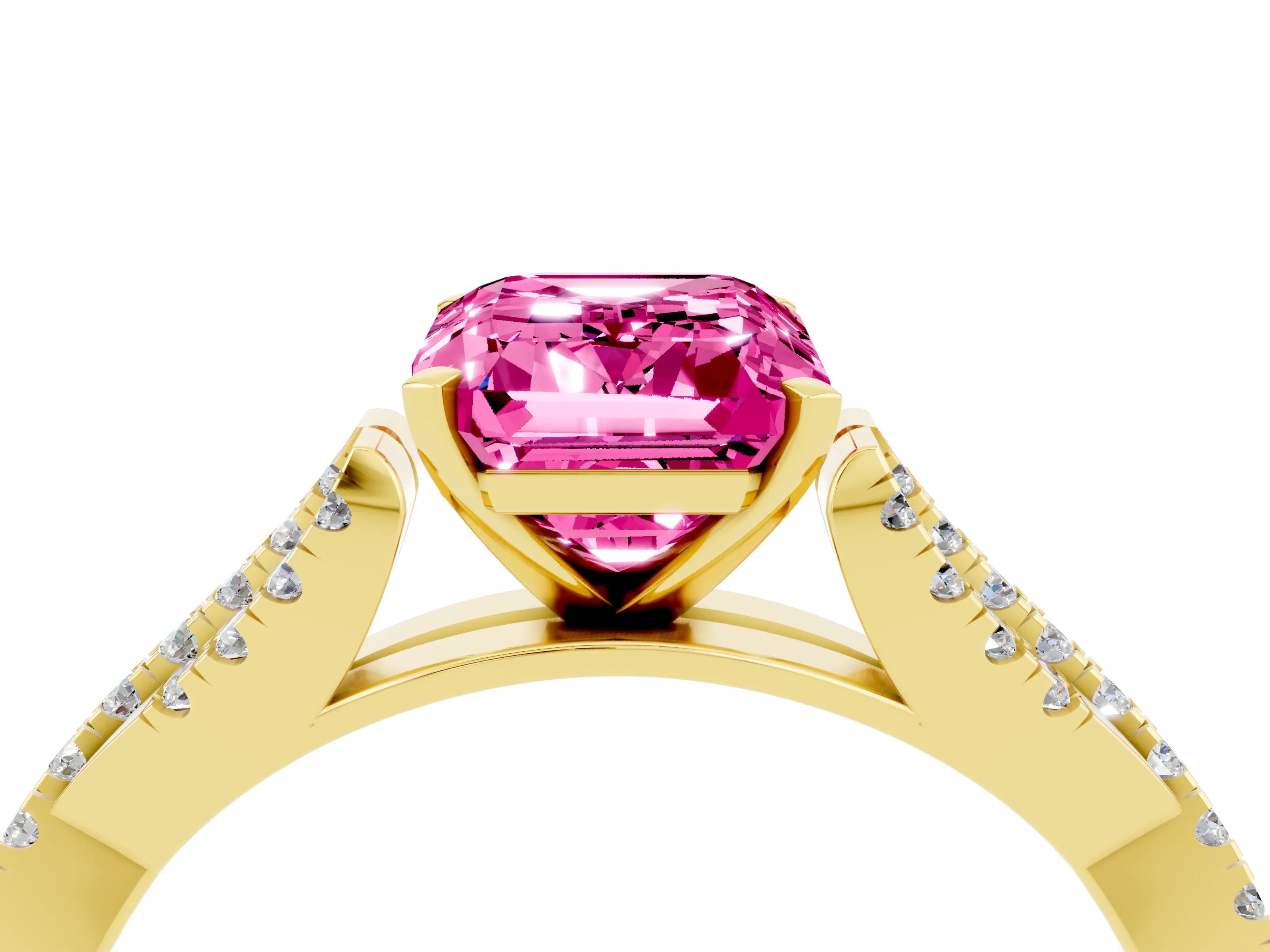 Yellow gold Emerald Cut Pink Sapphire Solitaire Engagement Ring with Twisted Pavé Band and Four-Prong Setting_16