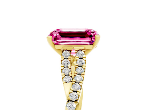 Yellow gold Emerald Cut Pink Sapphire Solitaire Engagement Ring with Twisted Pavé Band and Four-Prong Setting_17
