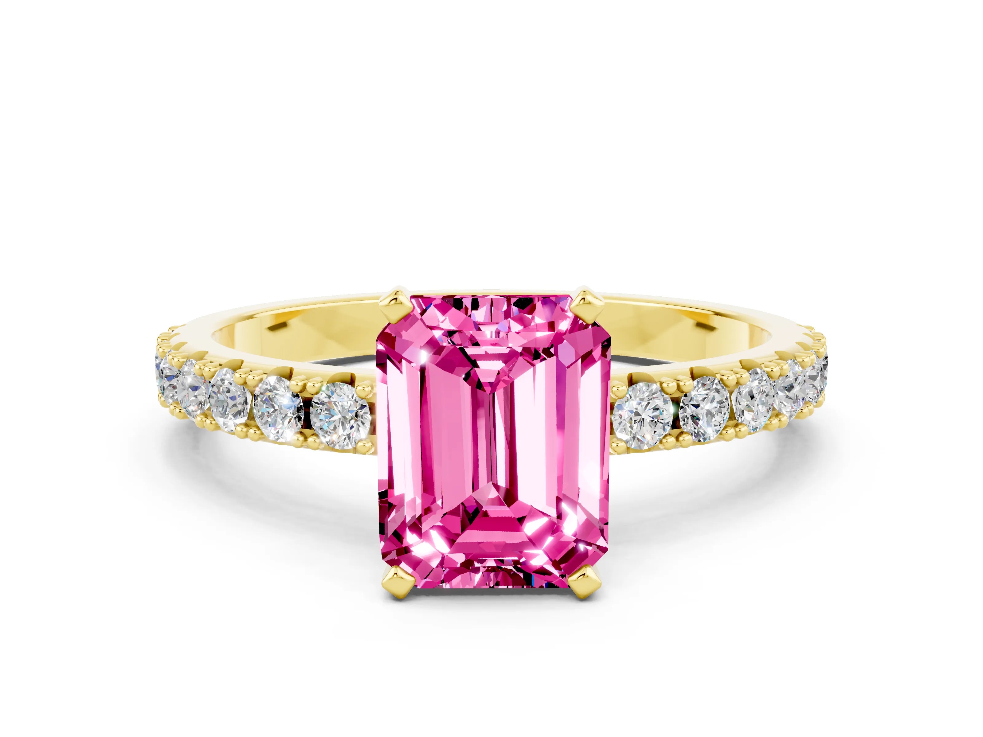 Yellow gold Emerald Cut Pink Sapphire Solitaire Pavé Band with Four-Prong Setting_24