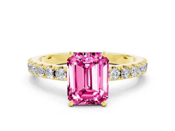Yellow gold Emerald Cut Pink Sapphire Solitaire Pavé Band with Four-Prong Setting