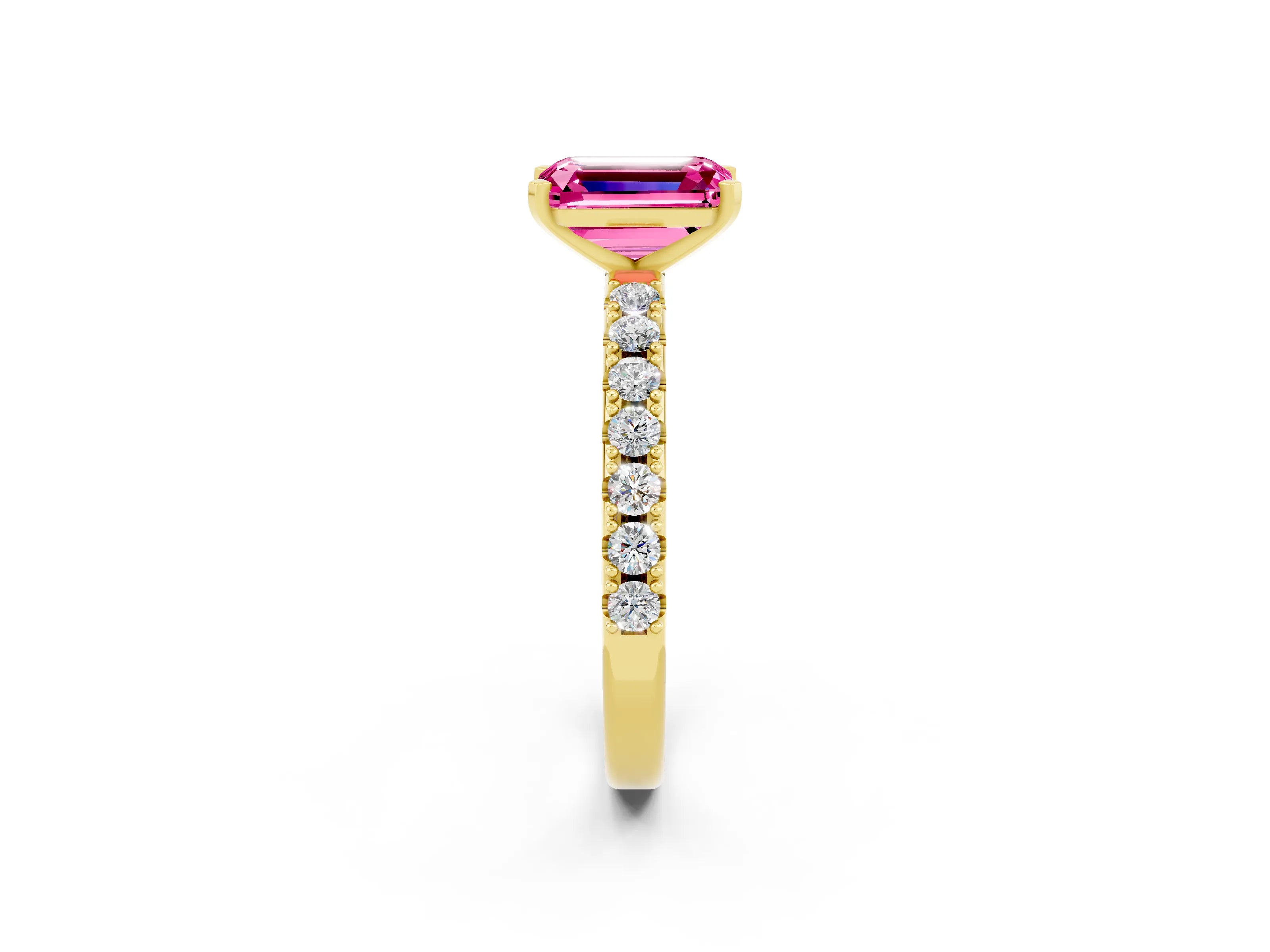 Yellow gold Emerald Cut Pink Sapphire Solitaire Pavé Band with Four-Prong Setting_26