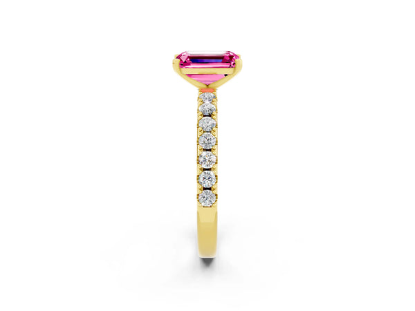 Yellow gold Emerald Cut Pink Sapphire Solitaire Pavé Band with Four-Prong Setting