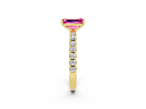 Yellow gold Emerald Cut Pink Sapphire Solitaire Pavé Band with Four-Prong Setting_26