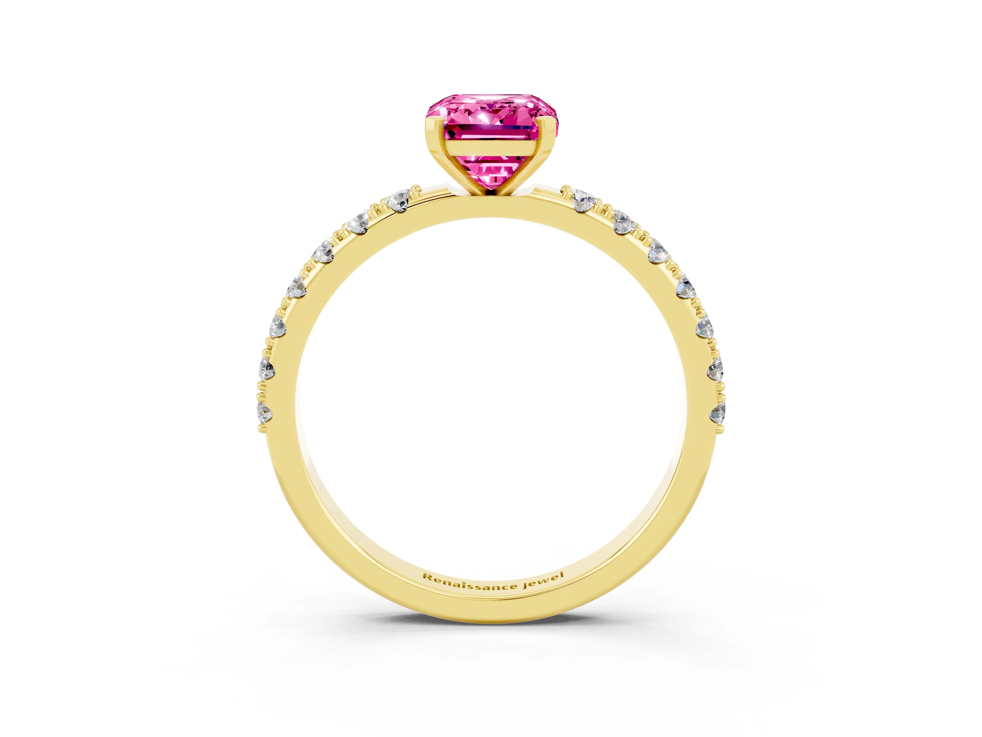 Yellow gold Emerald Cut Pink Sapphire Solitaire Pavé Band with Four-Prong Setting_27