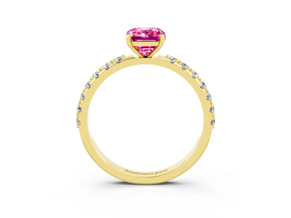 Yellow gold Emerald Cut Pink Sapphire Solitaire Pavé Band with Four-Prong Setting