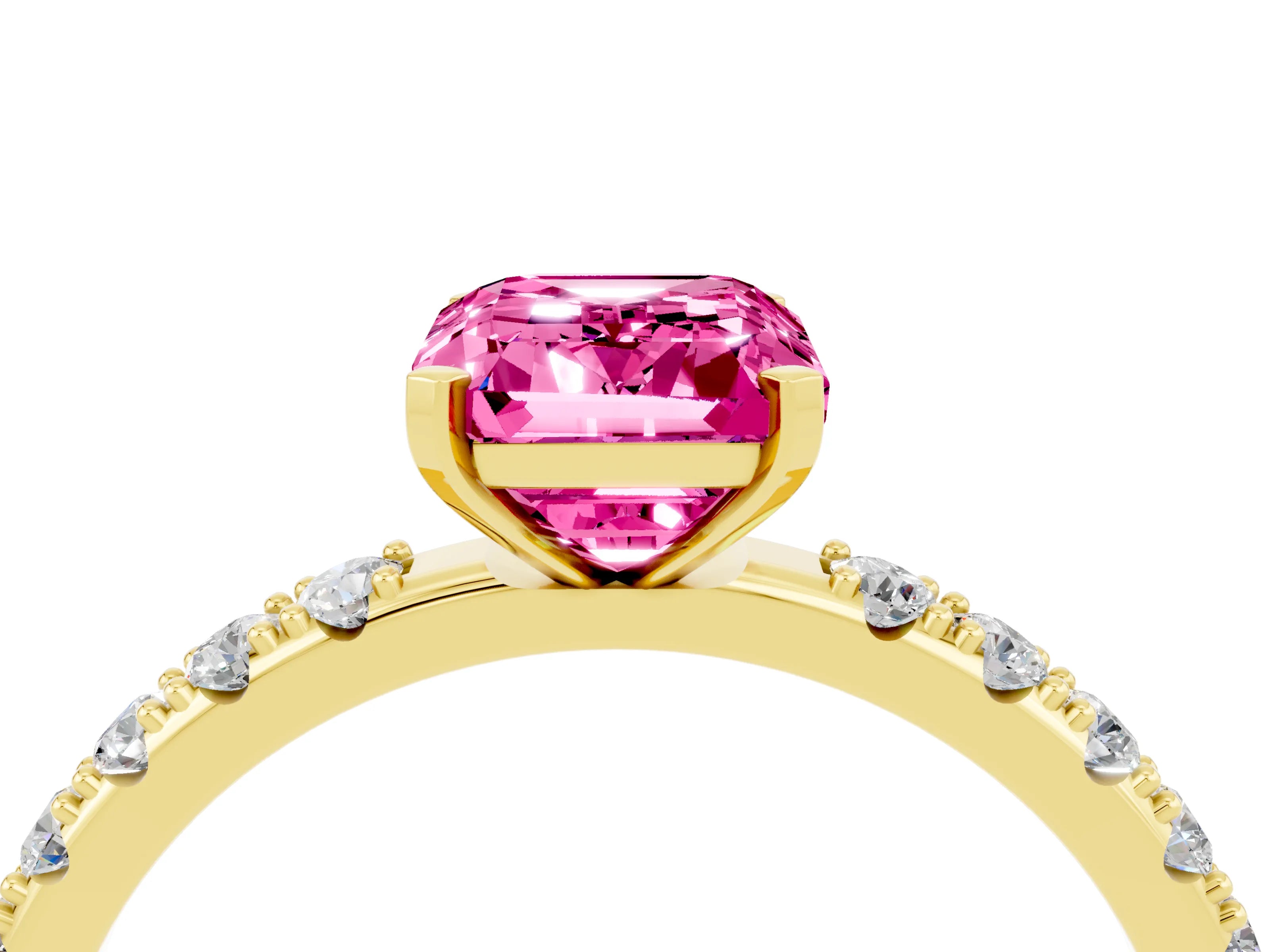 Yellow gold Emerald Cut Pink Sapphire Solitaire Pavé Band with Four-Prong Setting_28