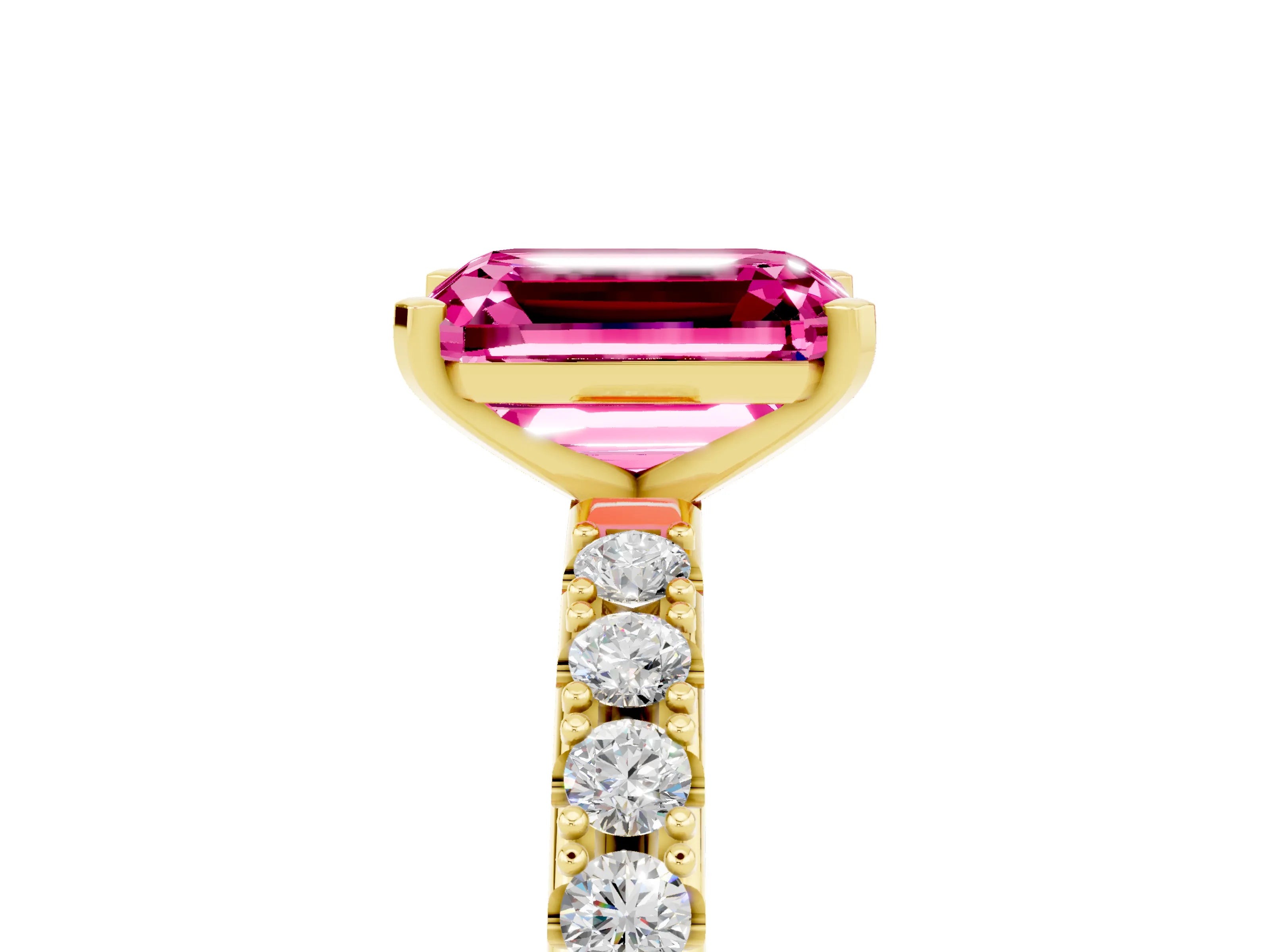 Yellow gold Emerald Cut Pink Sapphire Solitaire Pavé Band with Four-Prong Setting_29