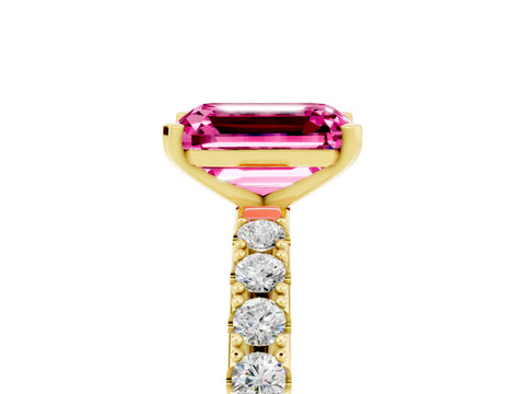 Yellow gold Emerald Cut Pink Sapphire Solitaire Pavé Band with Four-Prong Setting_29