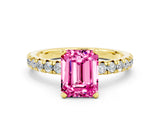 Yellow gold Emerald Cut Pink Sapphire Solitaire Pavé Engagement Ring with Round Band and Prong Setting_12