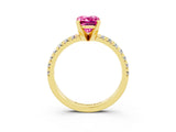 Yellow gold Emerald Cut Pink Sapphire Solitaire Pavé Engagement Ring with Round Band and Prong Setting_15