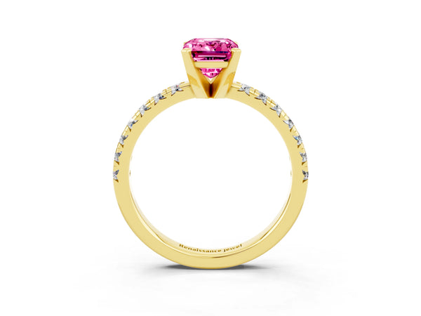 Yellow gold Emerald Cut Pink Sapphire Solitaire Pavé Engagement Ring with Round Band and Prong Setting