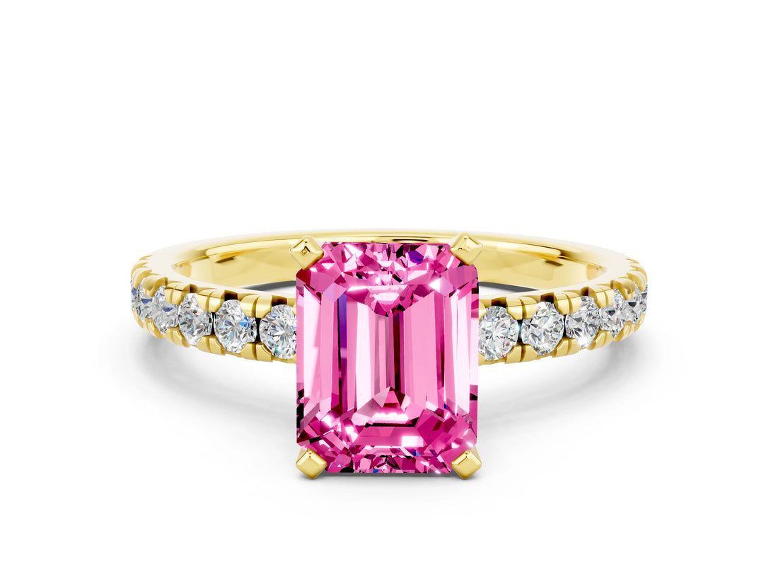 Yellow gold Emerald Cut Pink Sapphire Solitaire Pavé Engagement Ring with Round Band and Prong Setting_60