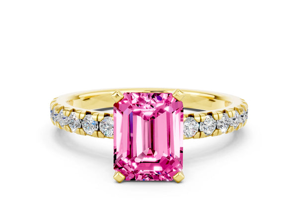 Yellow gold Emerald Cut Pink Sapphire Solitaire Pavé Engagement Ring with Round Band and Prong Setting