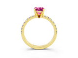 Yellow gold Emerald Cut Pink Sapphire Solitaire Pavé Engagement Ring with Round Band and Prong Setting_63