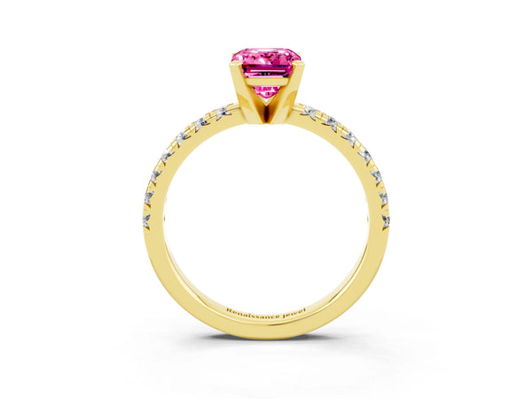Yellow gold Emerald Cut Pink Sapphire Solitaire Pavé Engagement Ring with Round Band and Prong Setting