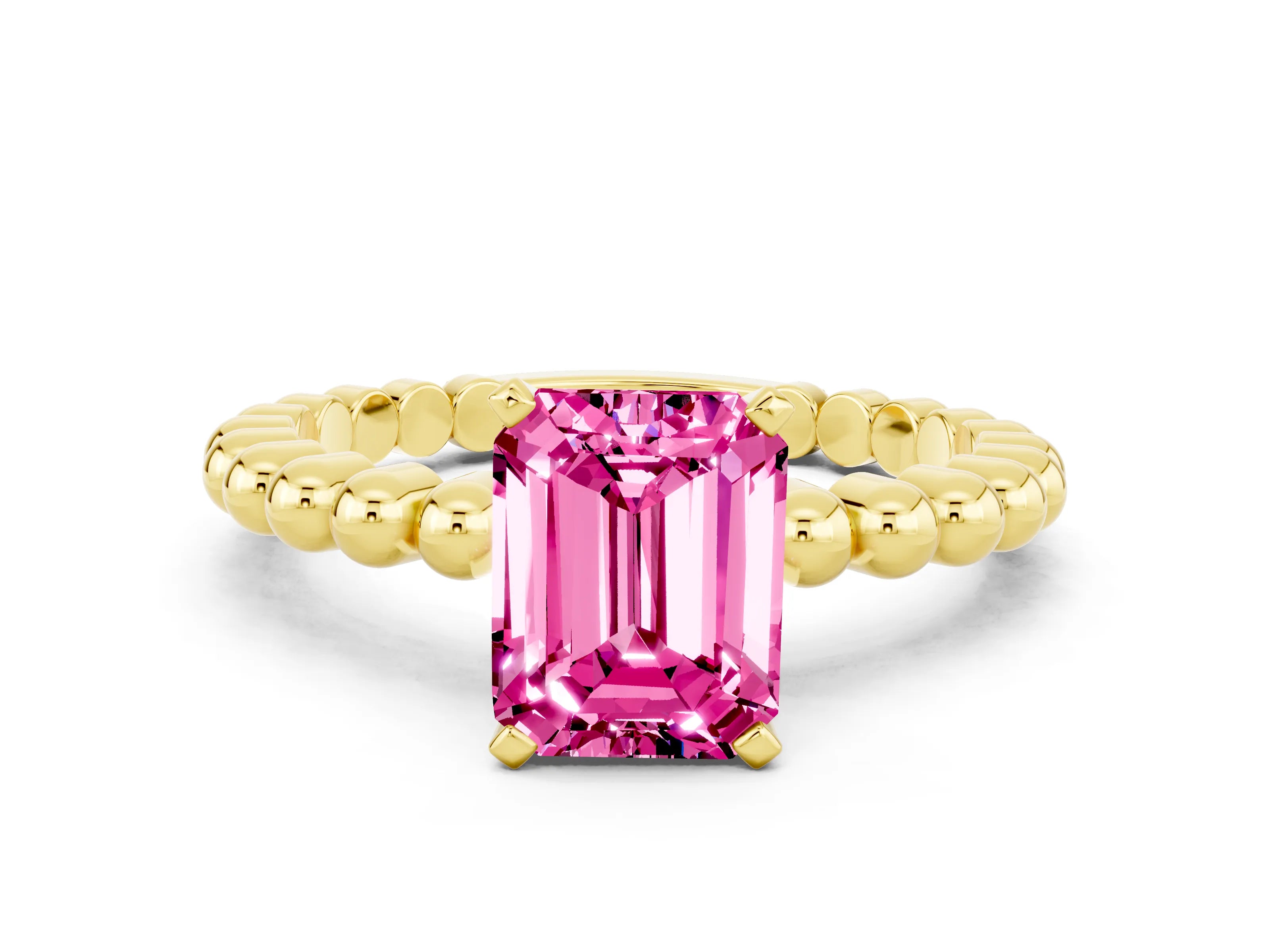 Yellow gold Emerald Cut Pink Sapphire Solitaire Ring with Beaded Band and Prong Setting