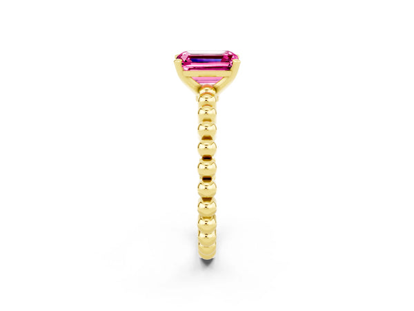 Yellow gold Emerald Cut Pink Sapphire Solitaire Ring with Beaded Band and Prong Setting