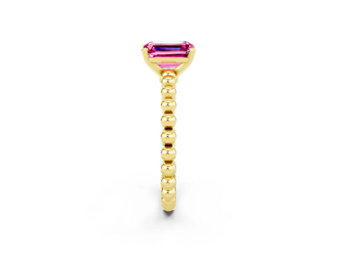 Yellow gold Emerald Cut Pink Sapphire Solitaire Ring with Beaded Band and Prong Setting_2