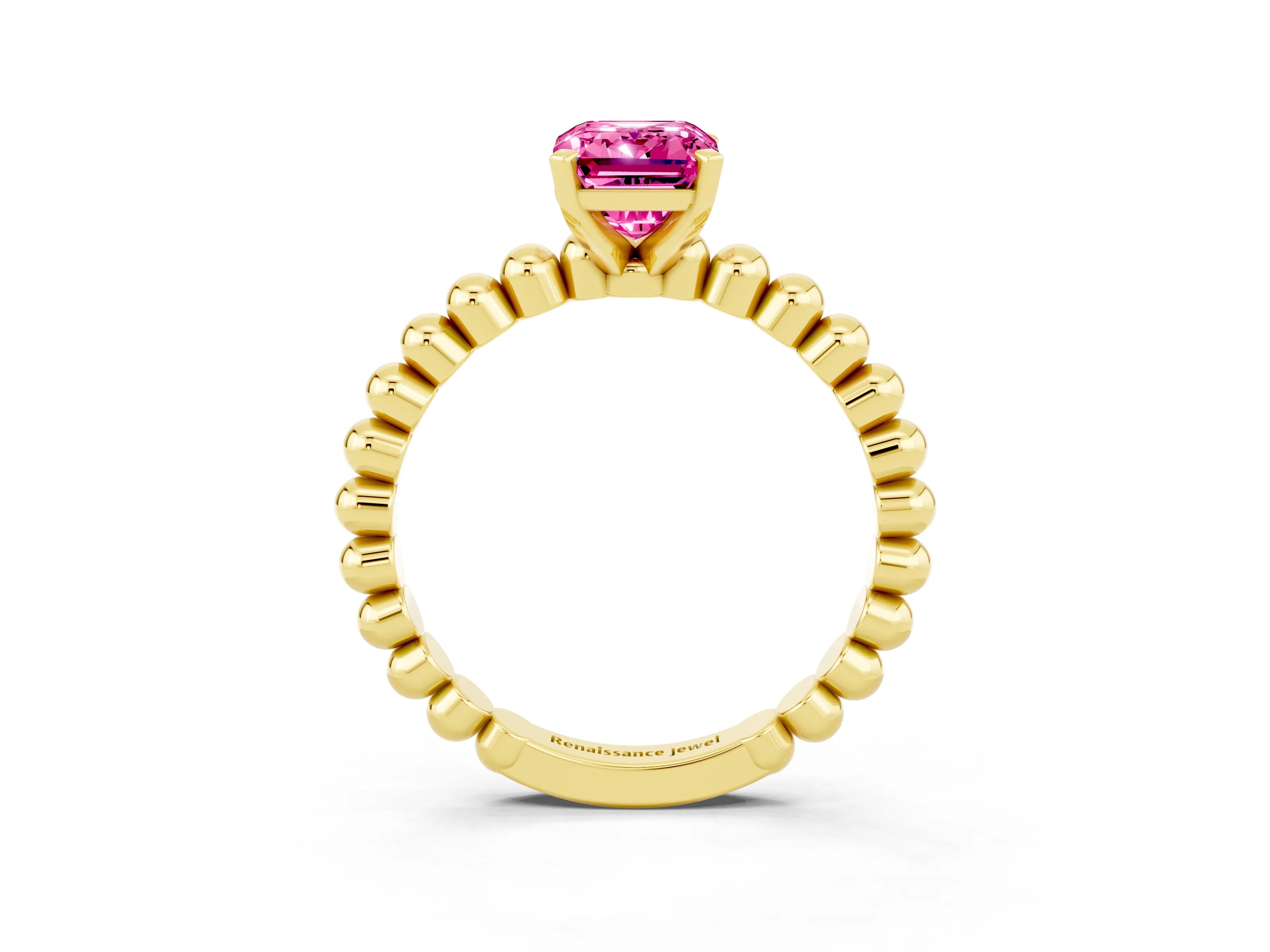 Yellow gold Emerald Cut Pink Sapphire Solitaire Ring with Beaded Band and Prong Setting_3