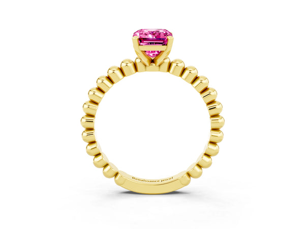 Yellow gold Emerald Cut Pink Sapphire Solitaire Ring with Beaded Band and Prong Setting